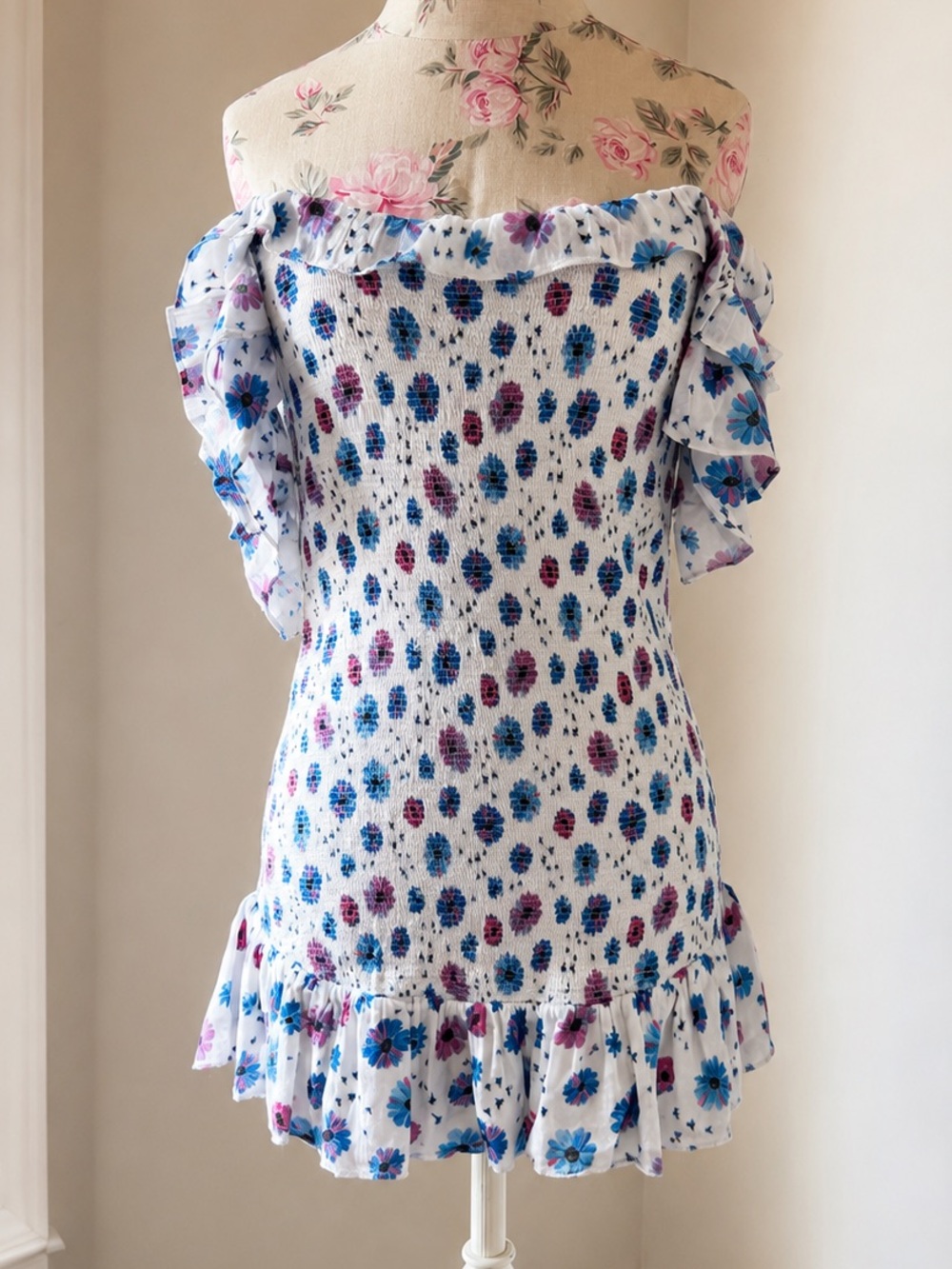 LoveShackFancy Kodie Blue & Pink Floral Smocked Ruffle Mini Dress – Size M